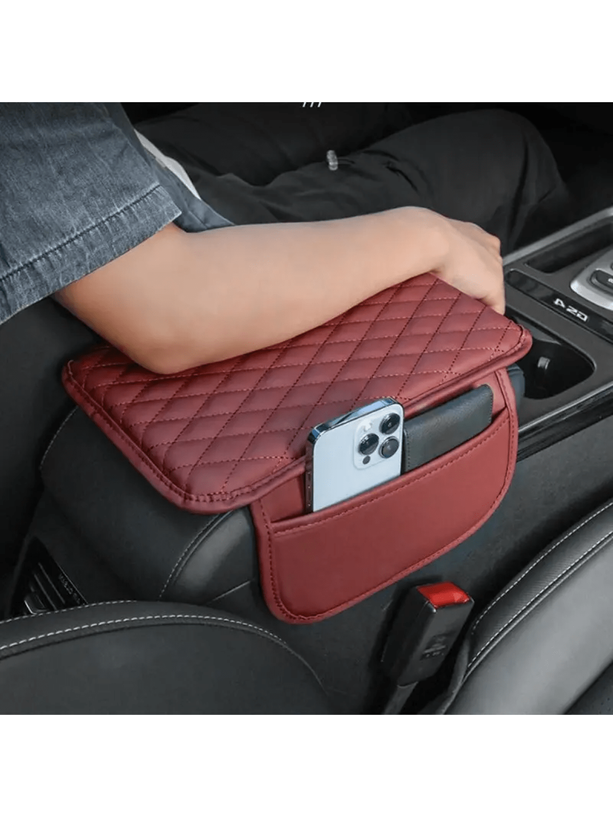 Leather Car Armrest Box Heightening Pad With Side Storage Bag, Car Armrest Box Cushion With Storage Pocket