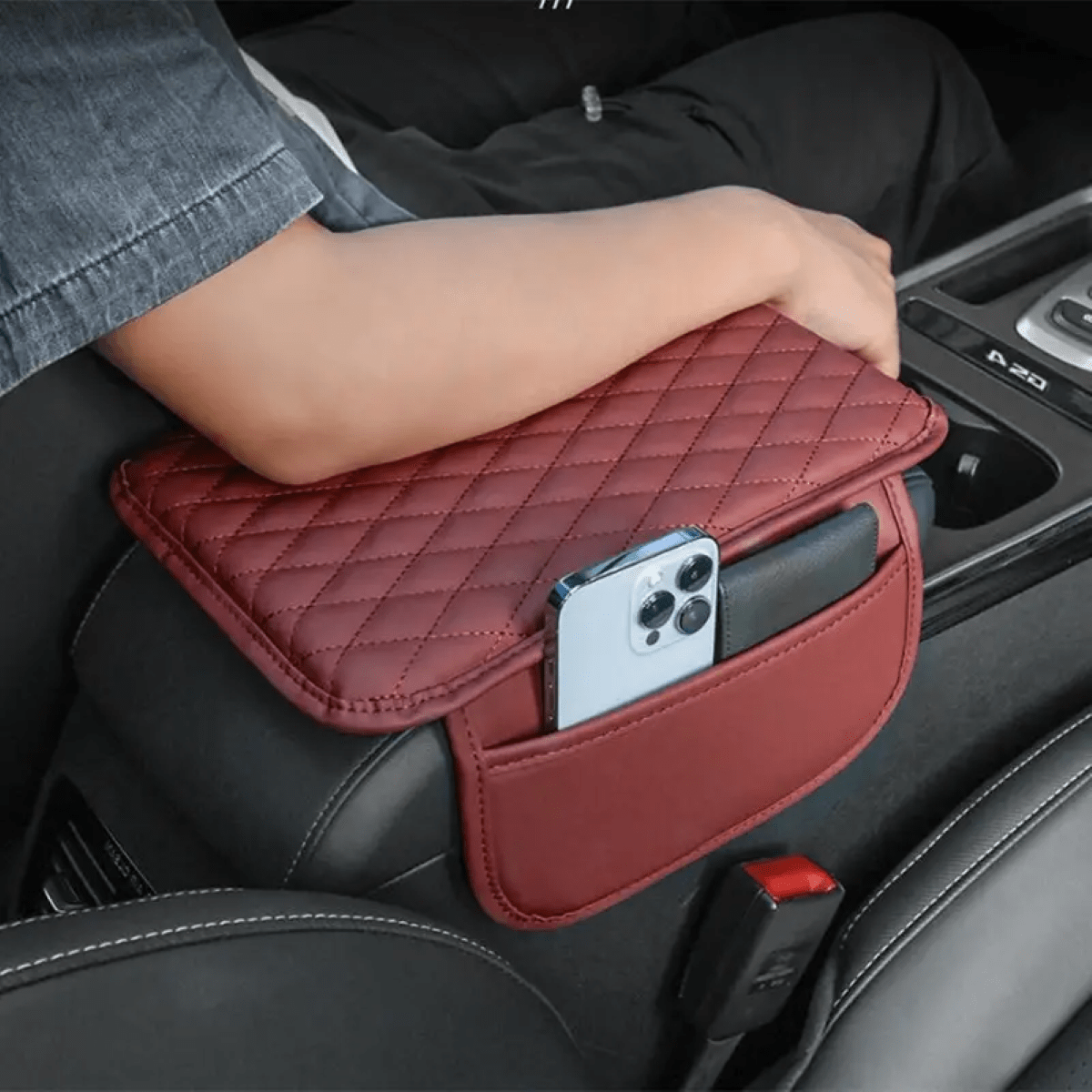 Leather Car Armrest Box Heightening Pad With Side Storage Bag, Car Armrest Box Cushion With Storage Pocket