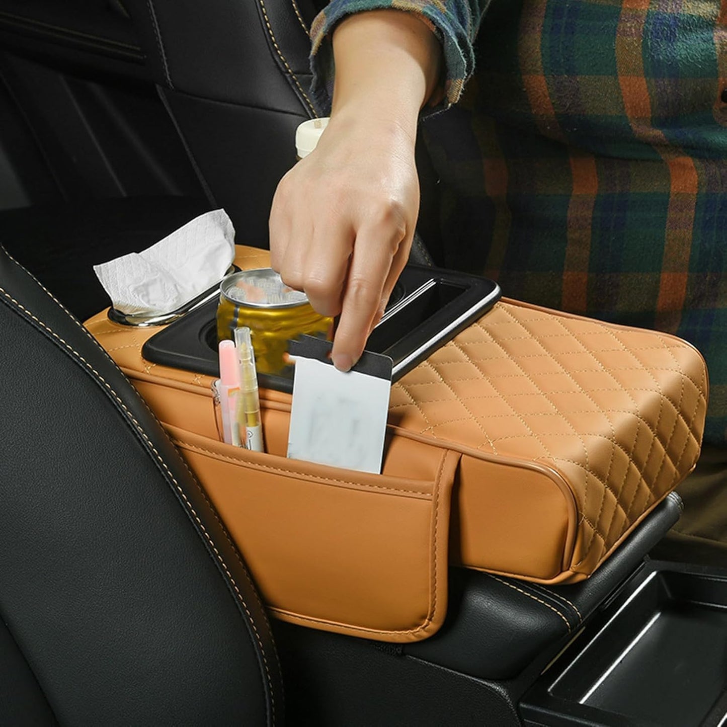All-in-One Car Armrest Heightening Pad with Bottle Holder & Tissue Box