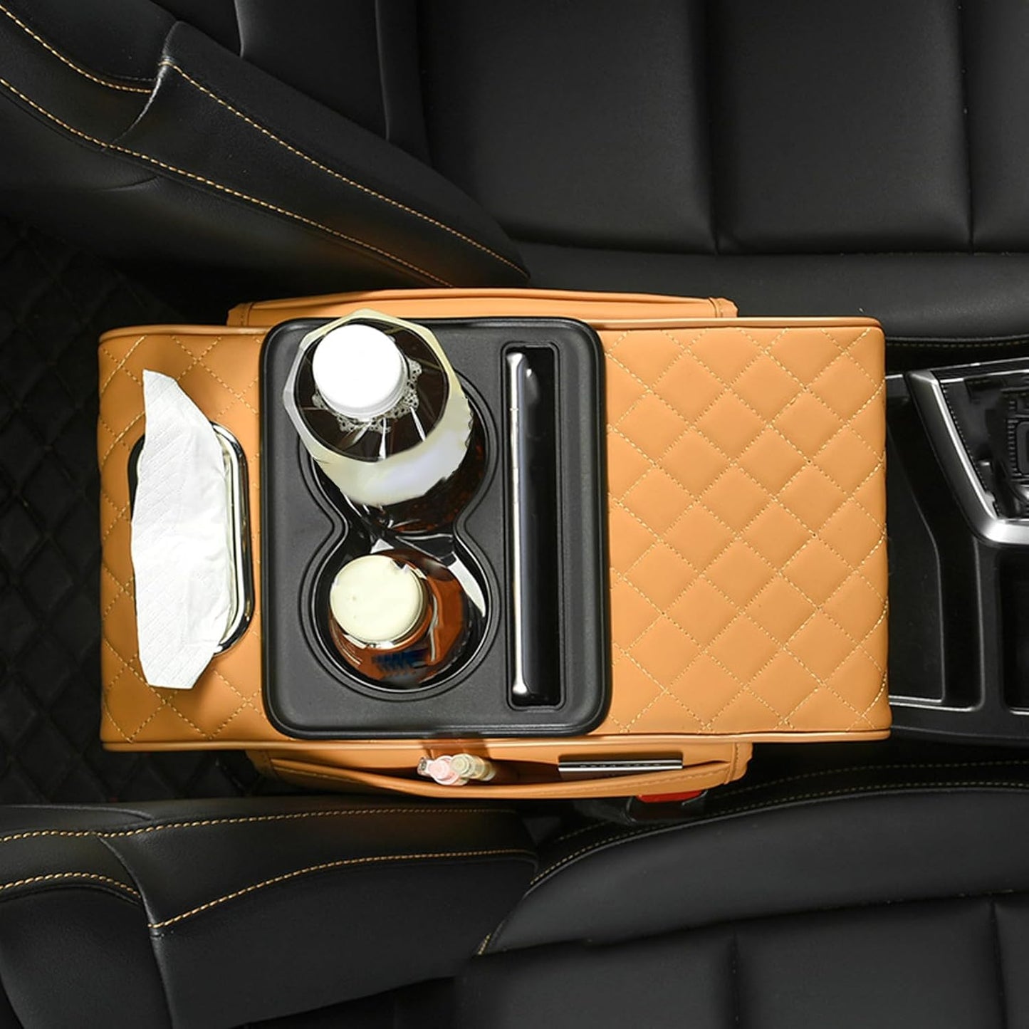 All-in-One Car Armrest Heightening Pad with Bottle Holder & Tissue Box