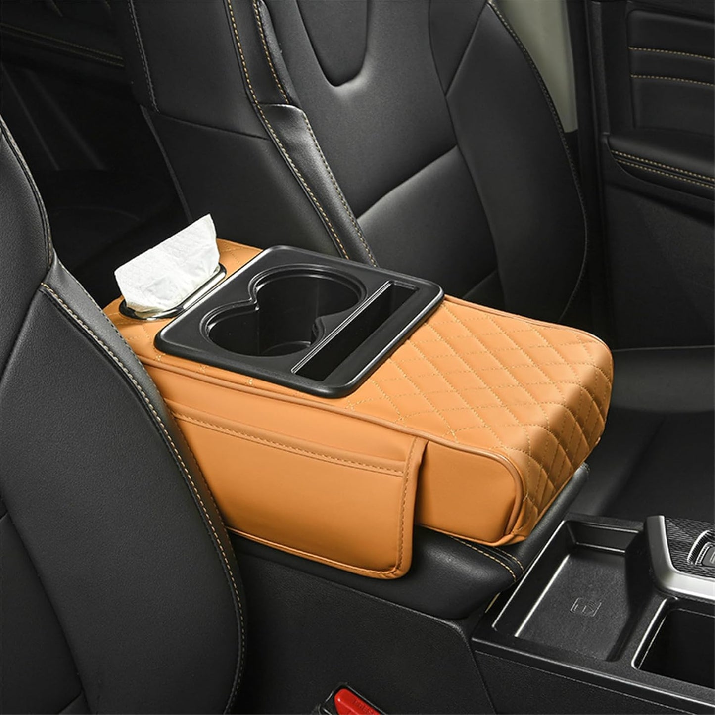 All-in-One Car Armrest Heightening Pad with Bottle Holder & Tissue Box