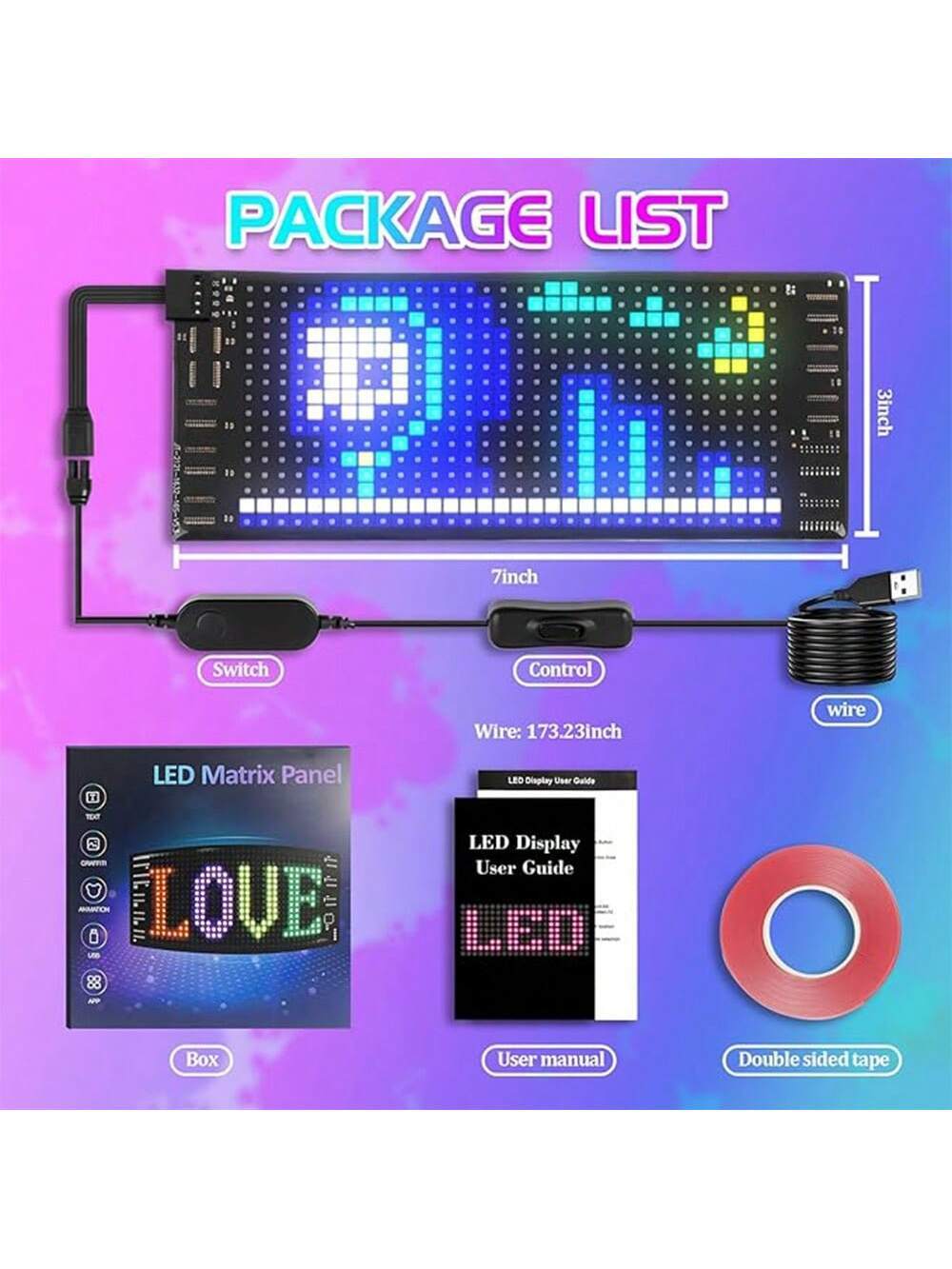 LED Sign, LED Matrix Pixel Panel, 7"X3" Flexible LED Car Sign Matrix Panel USB 5V Bluetooth App Control